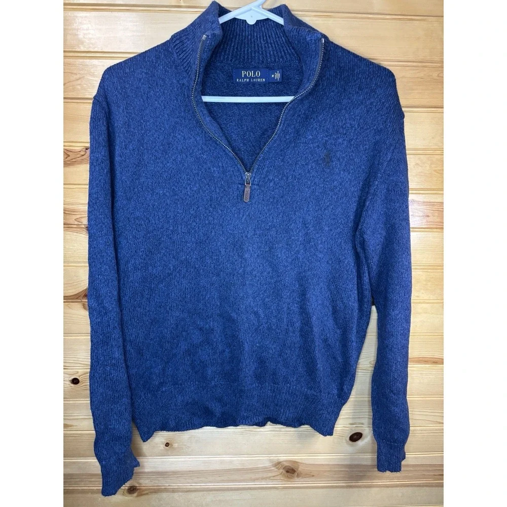 Polo Ralph Lauren 1/4 Zip Pullover Heavy Sweater Mens Medium Blue Wool Silk READ
